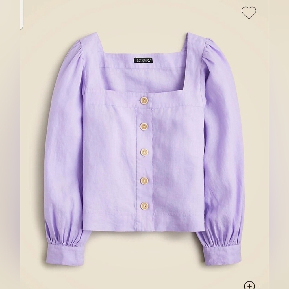 J.Crew Squareneck Button-Up Top 100% Linen In Lavender Jade Baloon Sleeve Sz XL